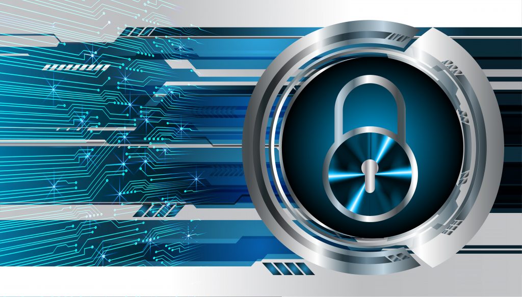 A metallic padlock icon inside a circular frame, set against a blue digital circuit-board background suggesting cybersecurity or data protection.