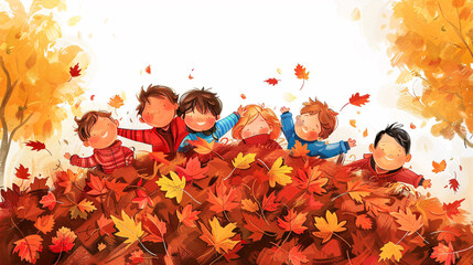 Children playing in a pile of multicolored leaves