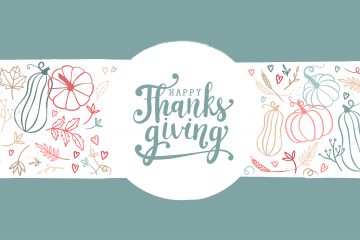 Hand drawn banner saying Happy Thanksgiving" with drawings of cute pumpkins, leaves and hearts.