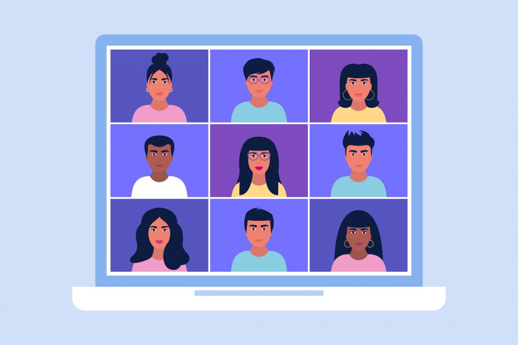 Illustration of conference video call displayed on a laptop screen showing a diverse audience of men and women