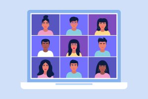 Illustration of conference video call displayed on a laptop screen showing a diverse audience of men and women