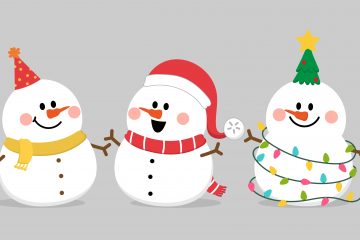 Row of five smiling snowmen with varied accessories, such as a top hat, party hat, Santa hat, and orange earmuffs