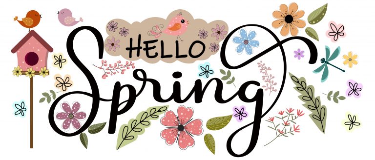 Banner with birdhouses and spring flowers stating "Hello Spring".