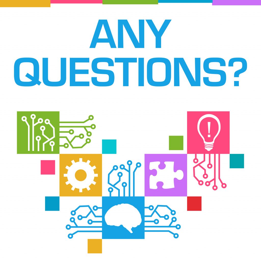 Poster-style graphic reading ‘ANY QUESTIONS?’ with colorful technology and idea icons below.