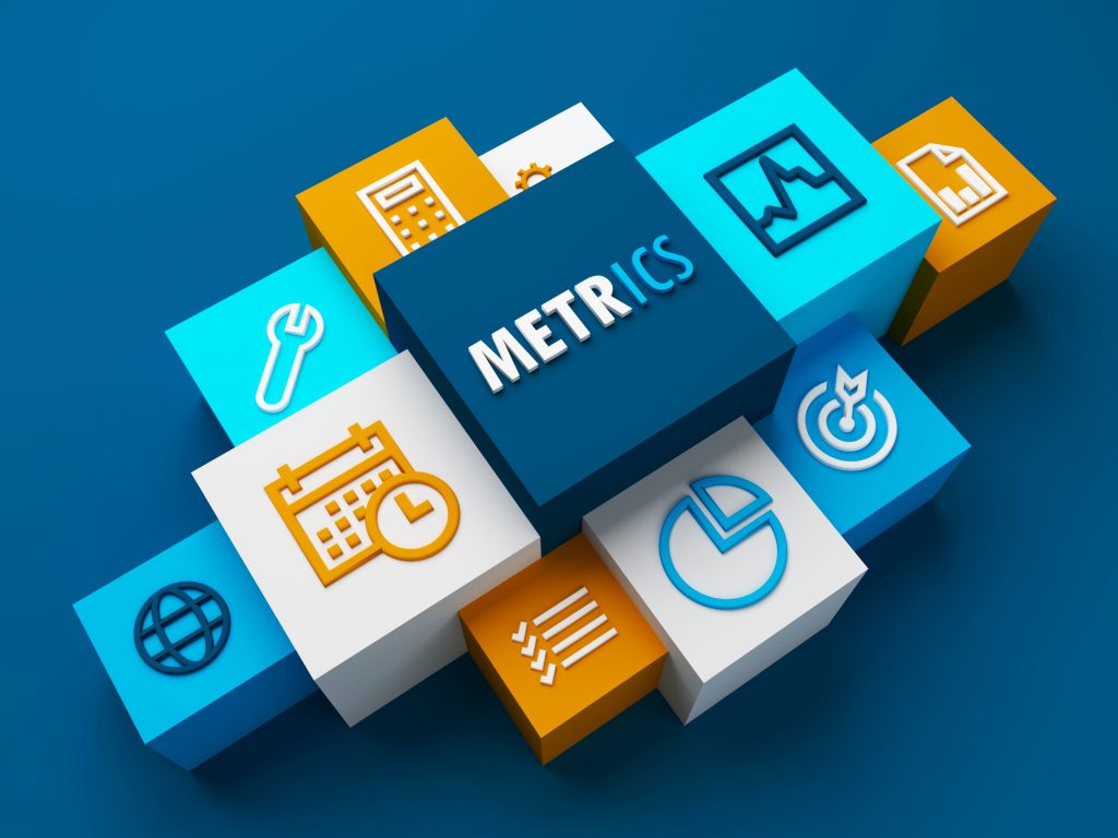 3D render of perspective view of METRICS business concept on dark blue background
