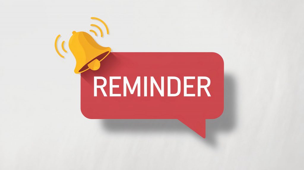 Reminder notification with bell icon on white background. Red speech bubble.