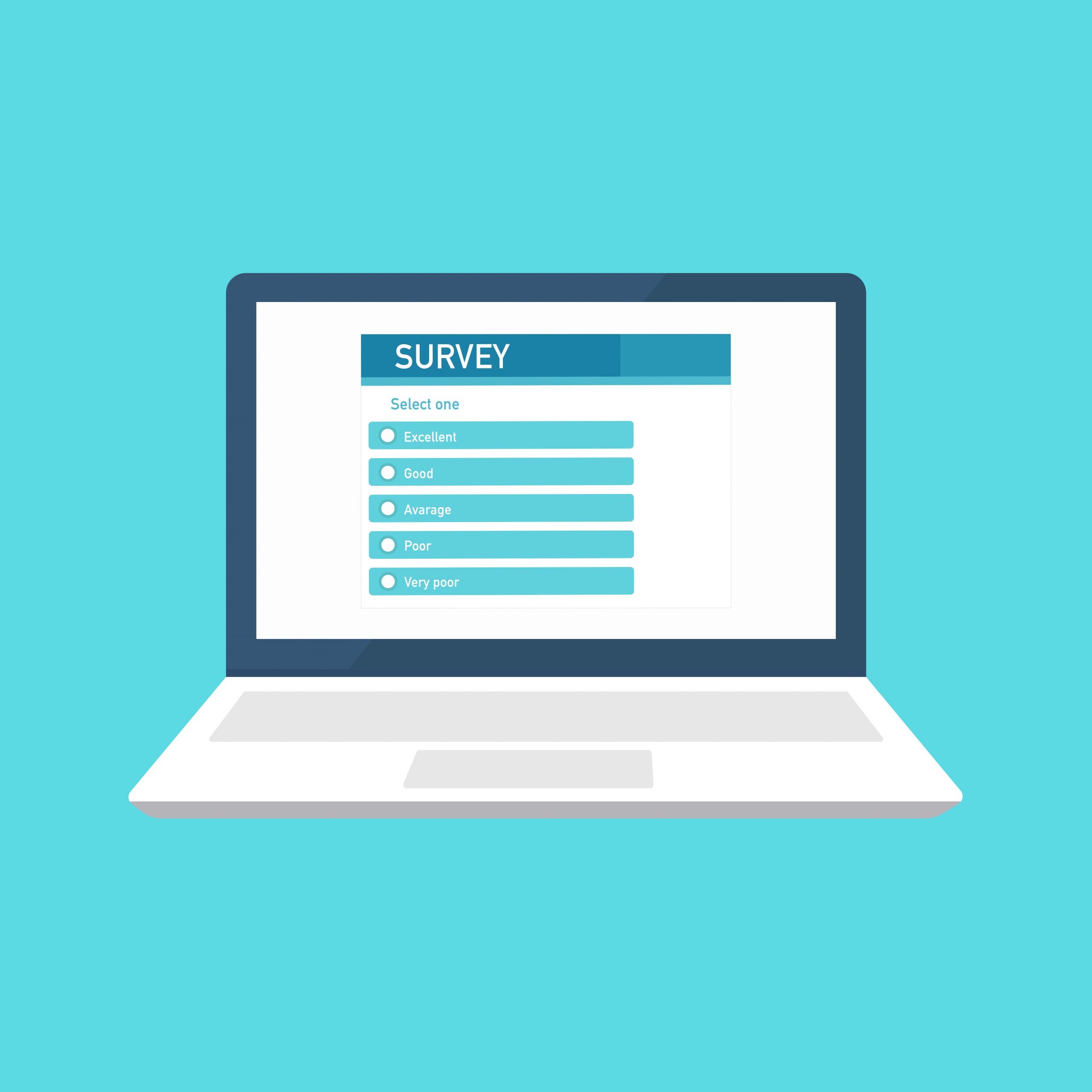 Illustration of a laptop showing a survey with rating options from ‘Excellent’ to ‘Very poor’.
